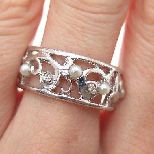 LENOX 925 Sterling Silver Real Diamond & Pearl Floral Scroll Band Ring Size 9.25