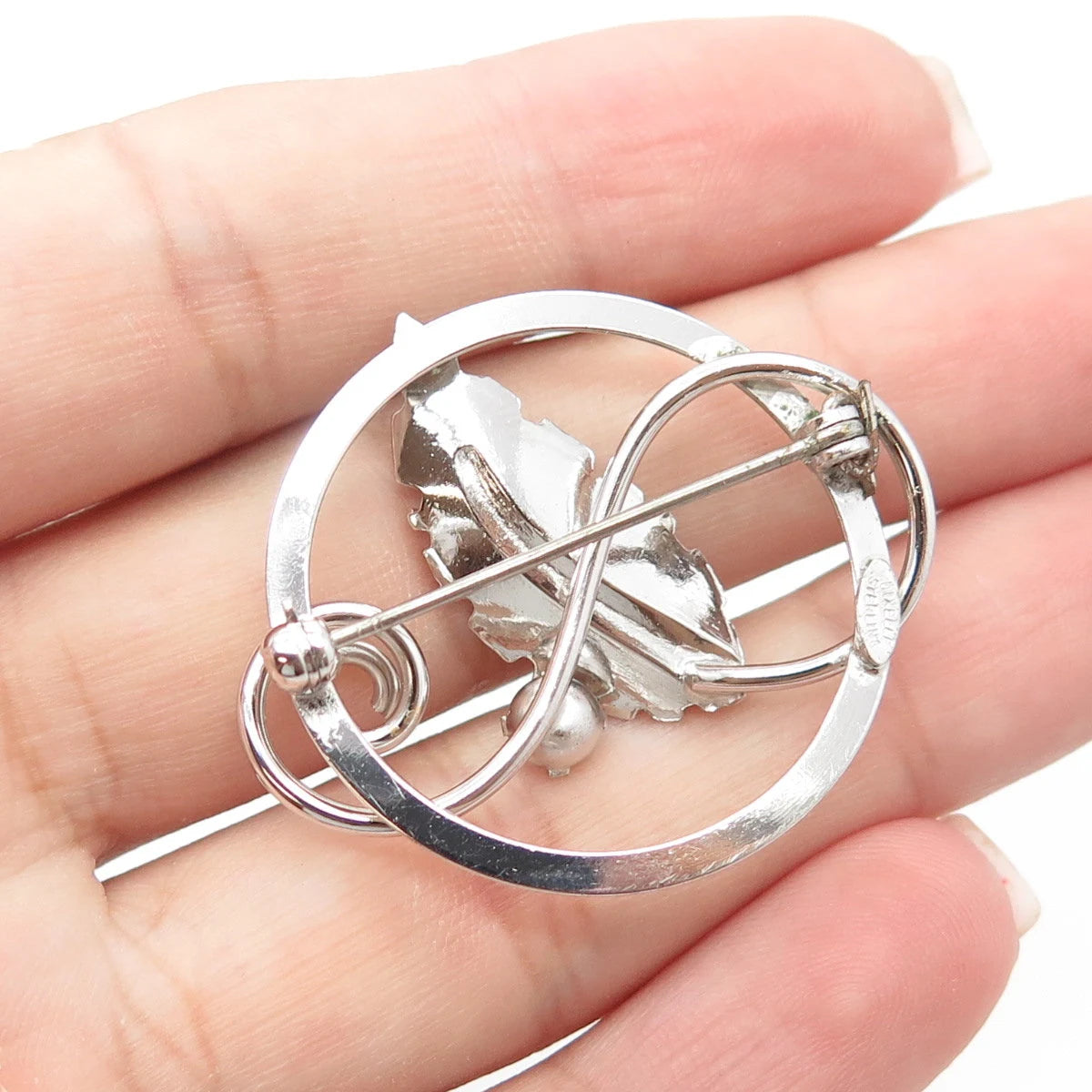 925 Sterling Silver Antique Art Deco Dixell Rhinestone Leaf Pin Brooch