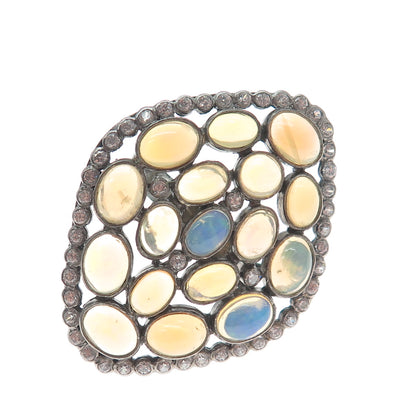925 Sterling Silver Vintage Real Opal White Topaz Statement Oxidized Ring Size 7