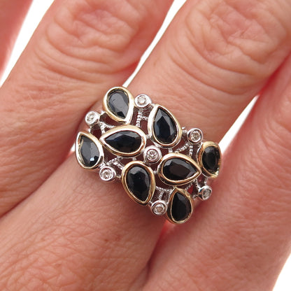 925 Sterling Silver 2-Tone Real Diamond & Sapphire Cluster Ring Size 5.75