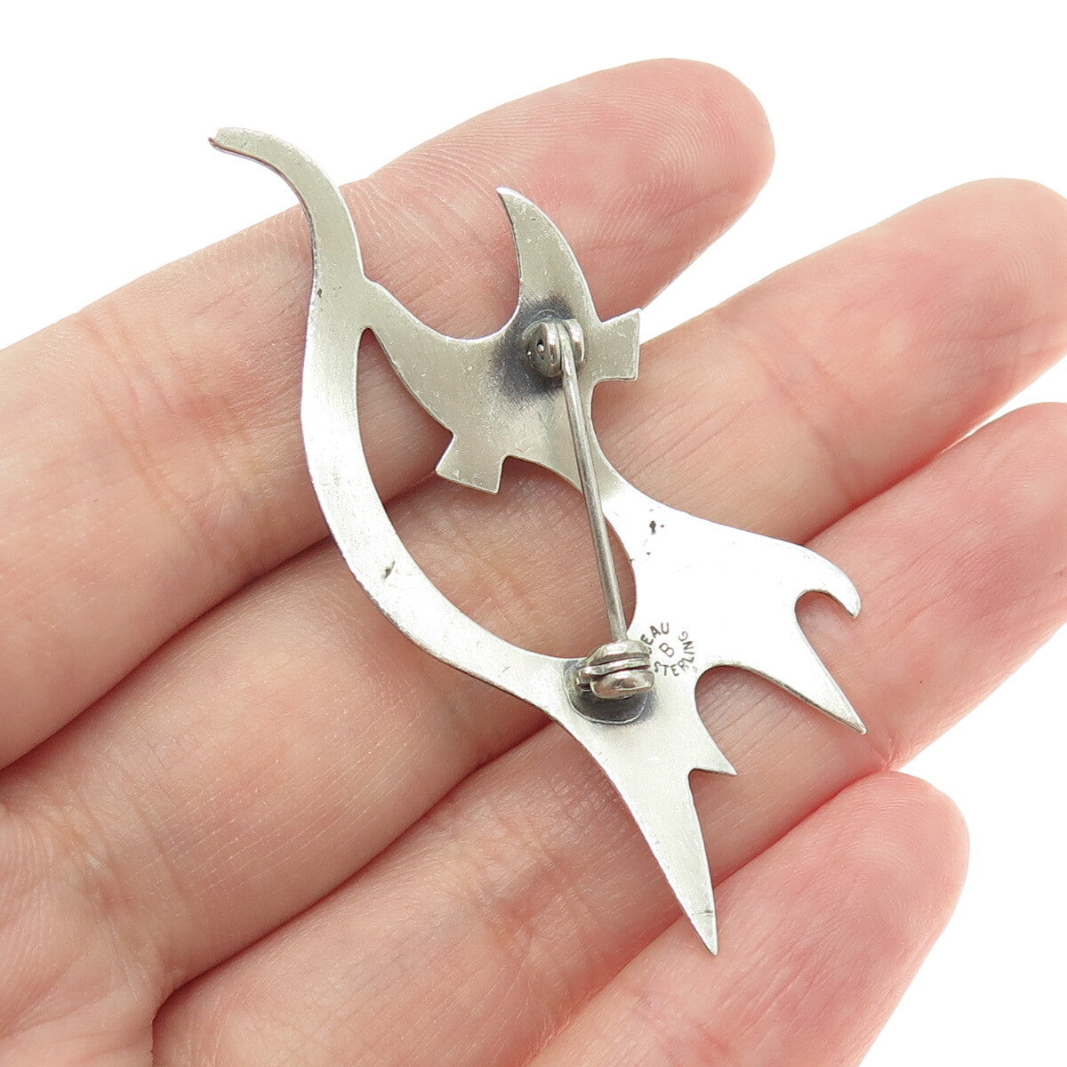 BEAU 925 Sterling Silver Vintage Cat Modernist Pin Brooch