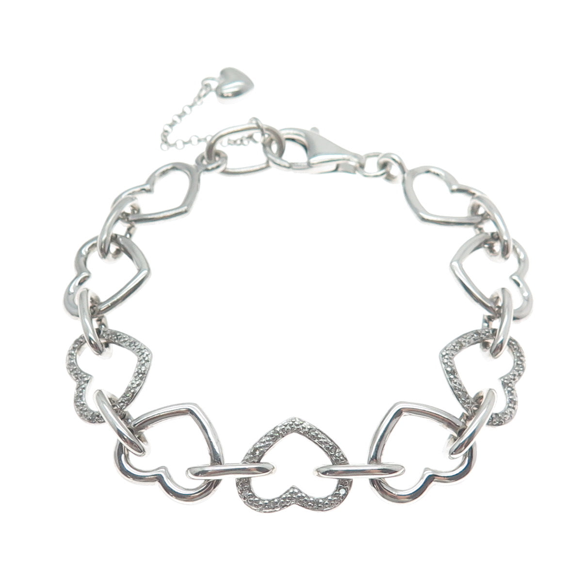 925 Sterling Silver Real Round-Cut Diamond Heart Link Bracelet 6.5"