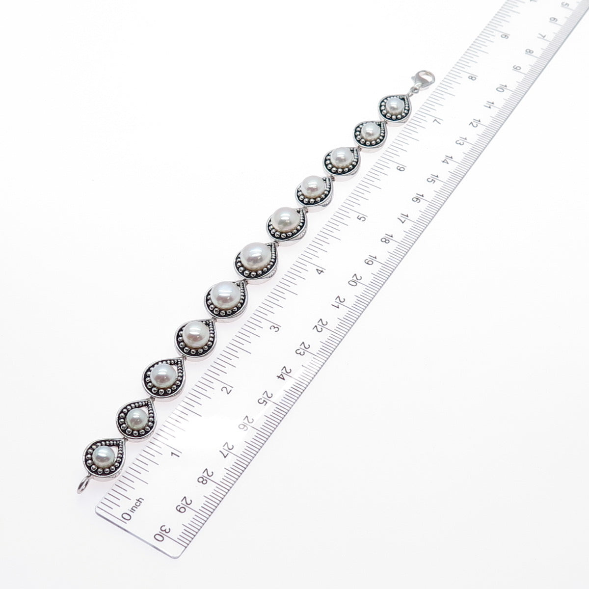 ROSS SIMONS 925 Sterling Silver Vintage Real Pearl Teardrop Link Bracelet 7.5"