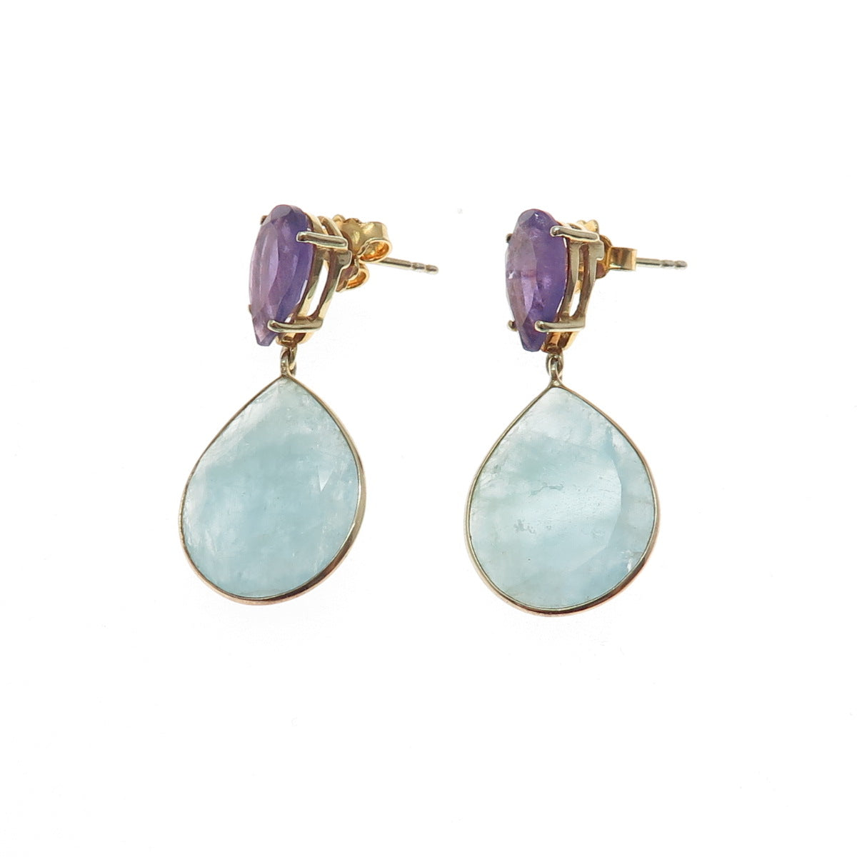 925 Sterling Silver Gold Plated Real Milky Aquamarine & Amethyst Dangle Earrings