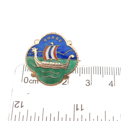 OF Hjortdahl 925S Sterling Gold Plated Vintage Norway Enamel Viking Ship Brooch