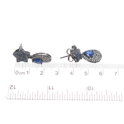 DSMK 925 Sterling Silver Black Rhodium Real Sapphire & Topaz Dangle Earrings