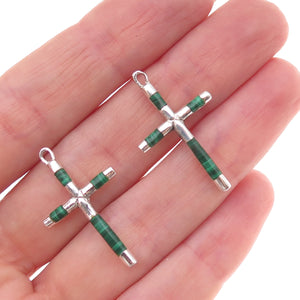 925 Sterling Silver Vintage Real Malachite Cross Jacket Earrings