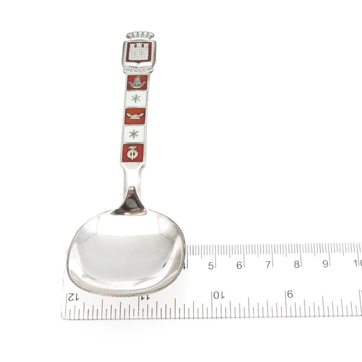 MAGNUS AASE 925S Sterling Vintage Norway Enamel Bergen Coat of Arms Baby Spoon