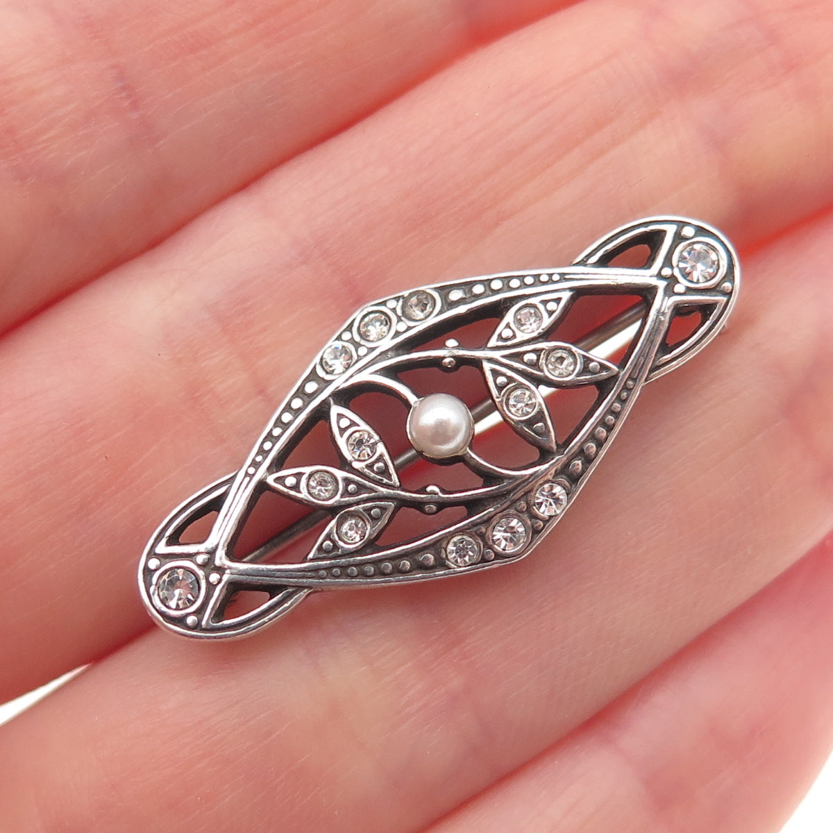 925 Sterling Silver Vintage Faux Pearl & Rhinestone Floral Oxidized Pin Brooch