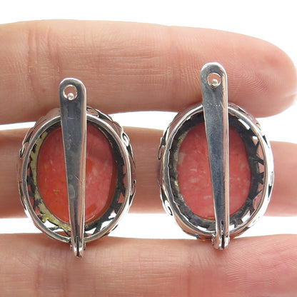 925 Sterling Silver Vintage Real Rhodochrosite Gem Ornate Frame Earrings
