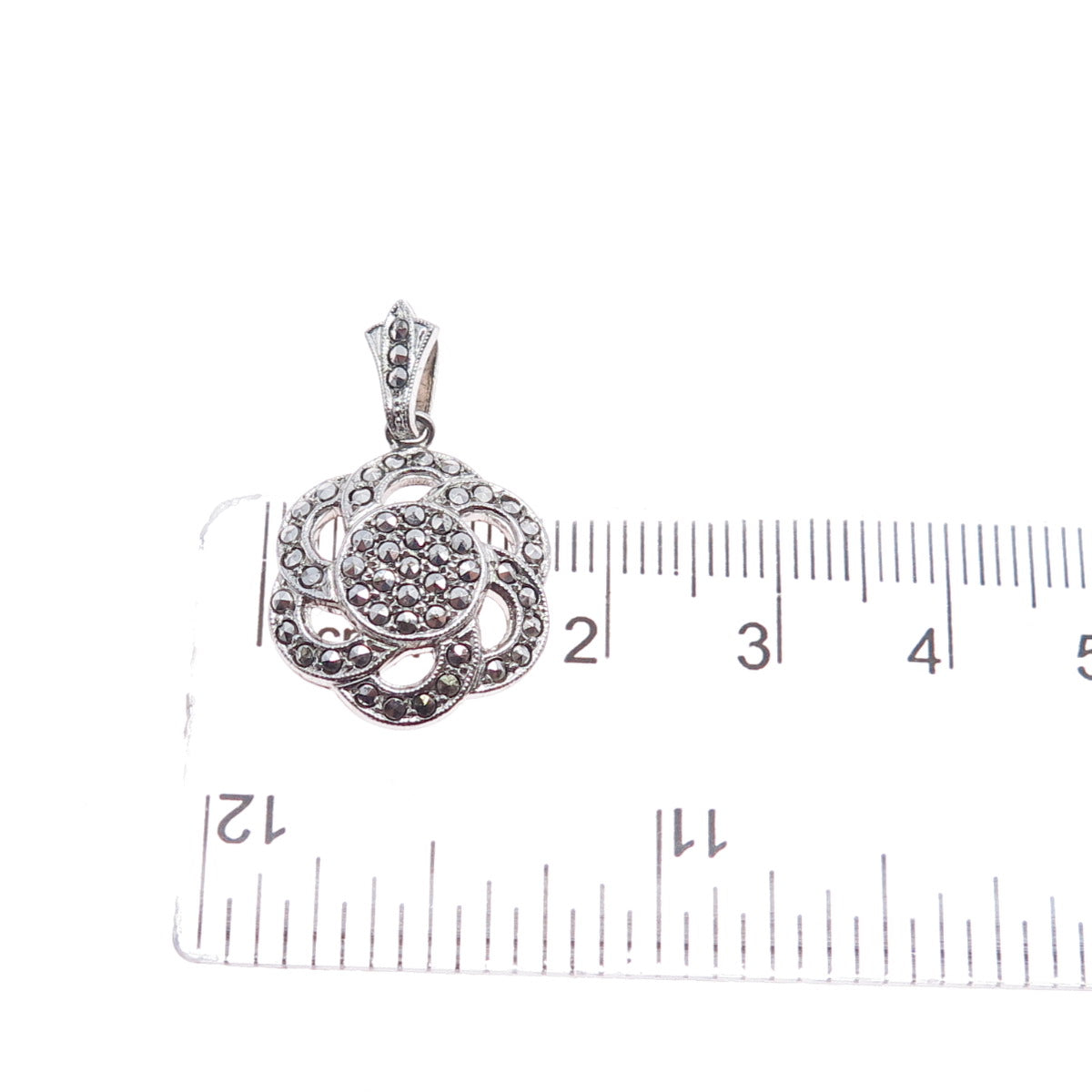 925 Sterling Silver Antique Art Deco Real Marcasite Flower Charm Pendant