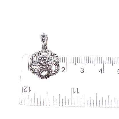 925 Sterling Silver Antique Art Deco Real Marcasite Flower Charm Pendant