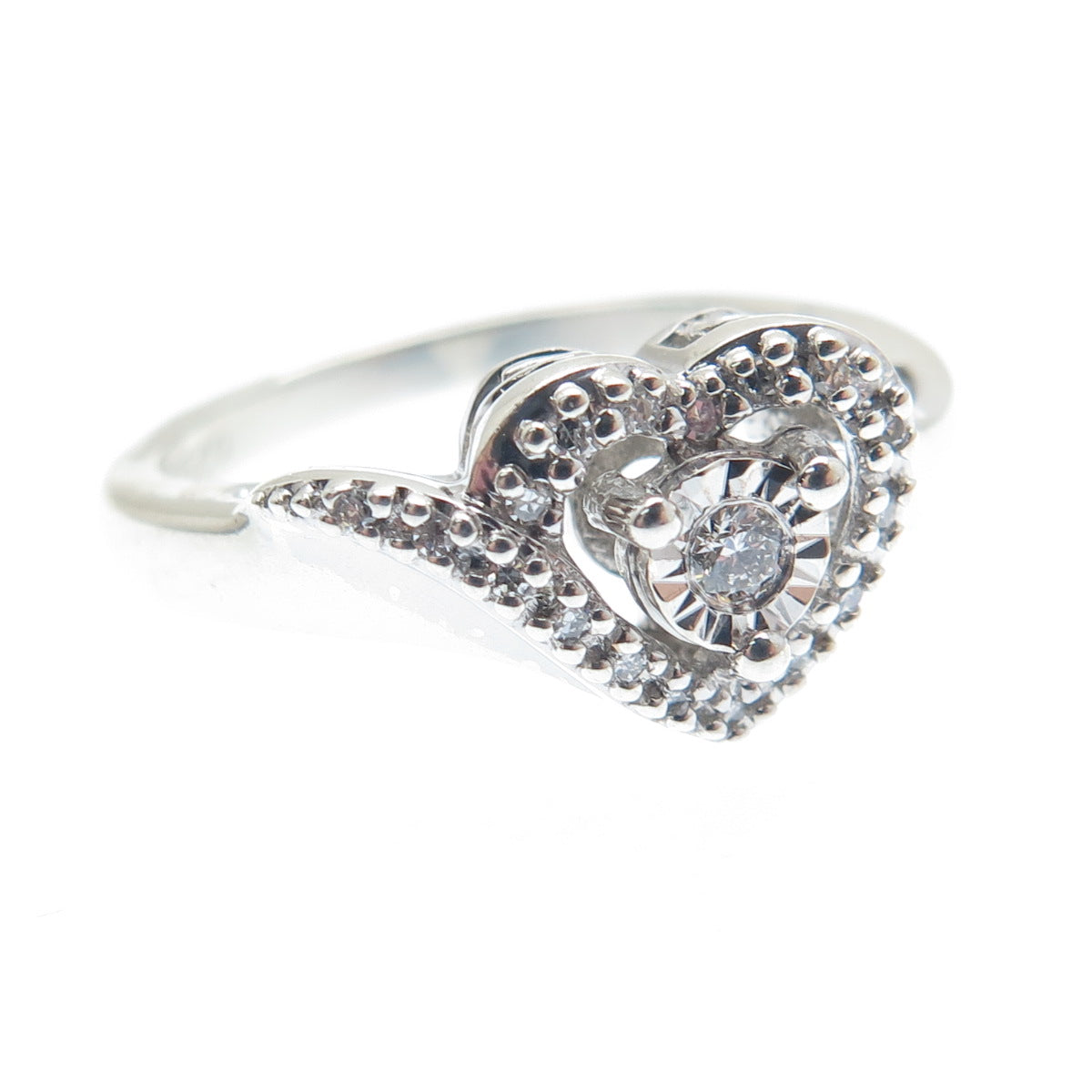 925 Sterling Silver Real Round-Cut Diamond Heart Ring Size 7.25
