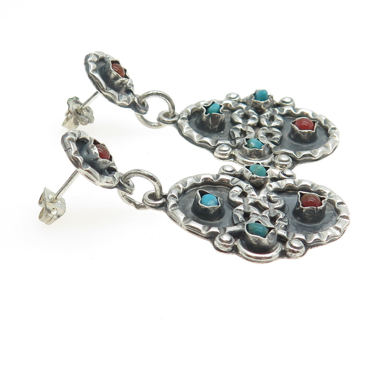 925 Sterling Silver Vintage Mexico Real Turquoise & Carnelian Tribal Earrings