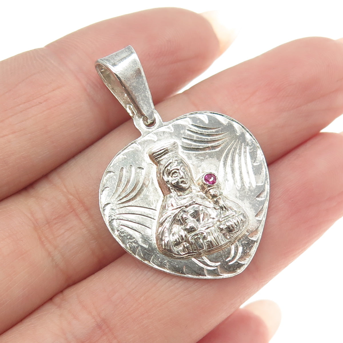 925 Sterling Silver Vintage Pink Sapphire St. Barbara Religious Heart Pendant