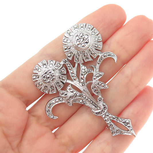 925 Sterling Silver Vintage Real Marcasite Flower Art Deco Style Pin Brooch