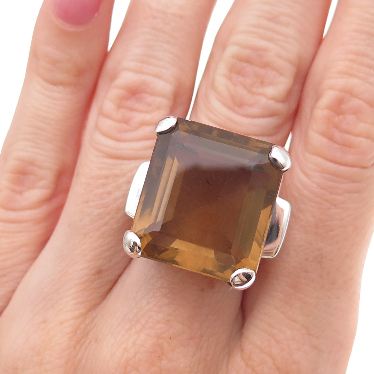 950 Silver Vintage Real Emerald-Cut Smoky Quartz Oxidized Ring Size 7