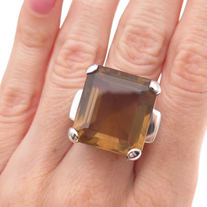 950 Silver Vintage Real Emerald-Cut Smoky Quartz Oxidized Ring Size 7