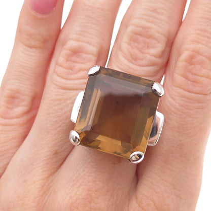 950 Silver Vintage Real Emerald-Cut Smoky Quartz Oxidized Ring Size 7