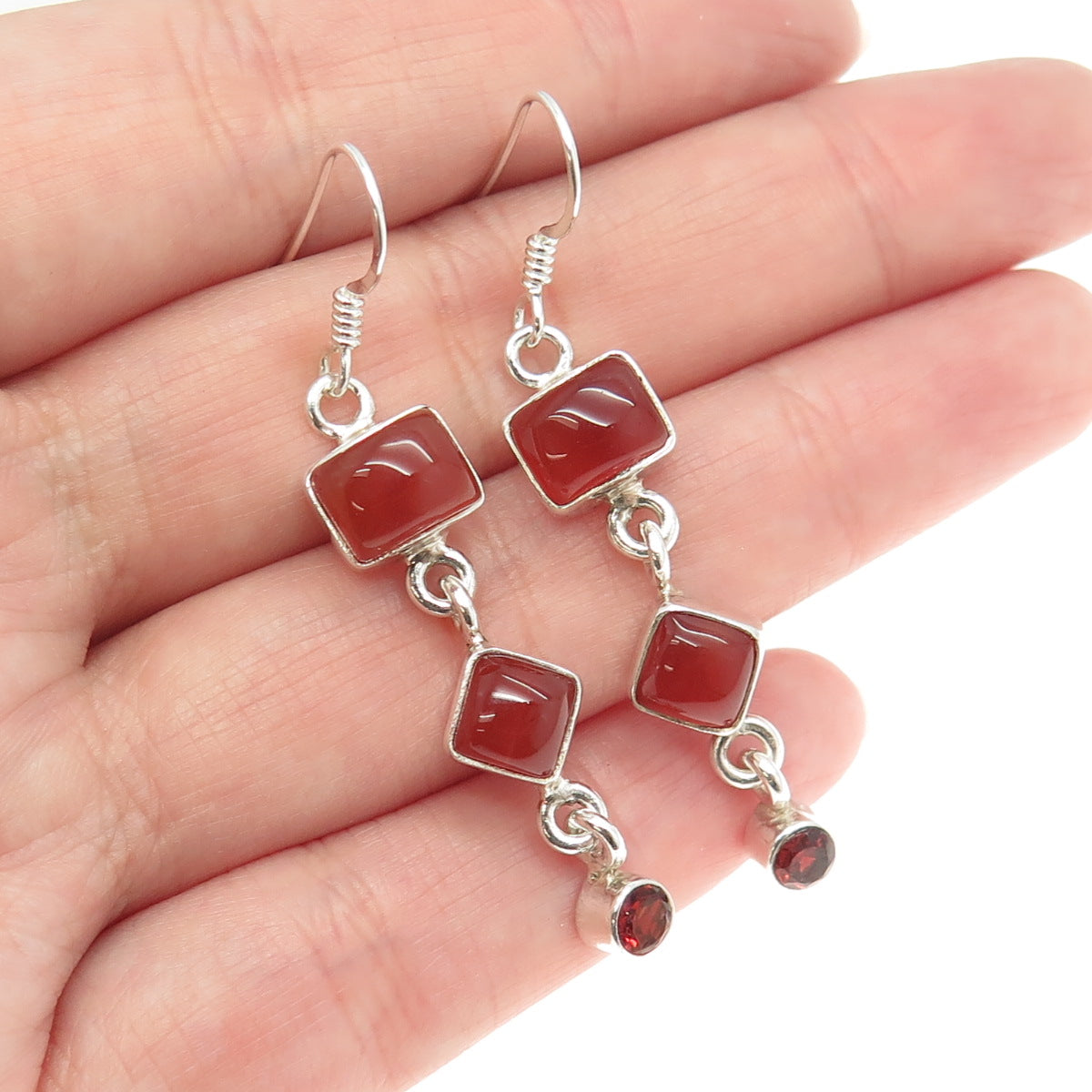 925 Sterling Silver Vintage Real Carnelian Gemstone Dangling Hook Earrings