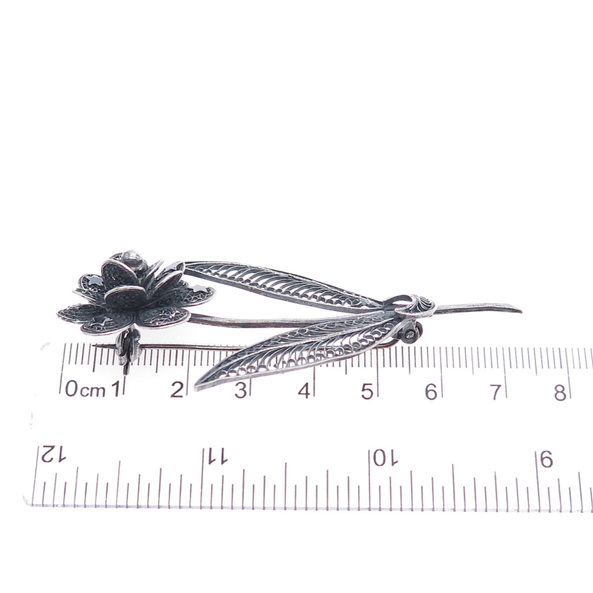 925 Sterling Silver Vintage Flower Filigree Oxidized Pin Brooch