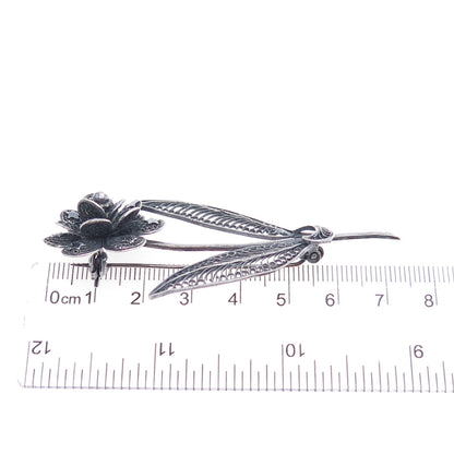 925 Sterling Silver Vintage Flower Filigree Oxidized Pin Brooch