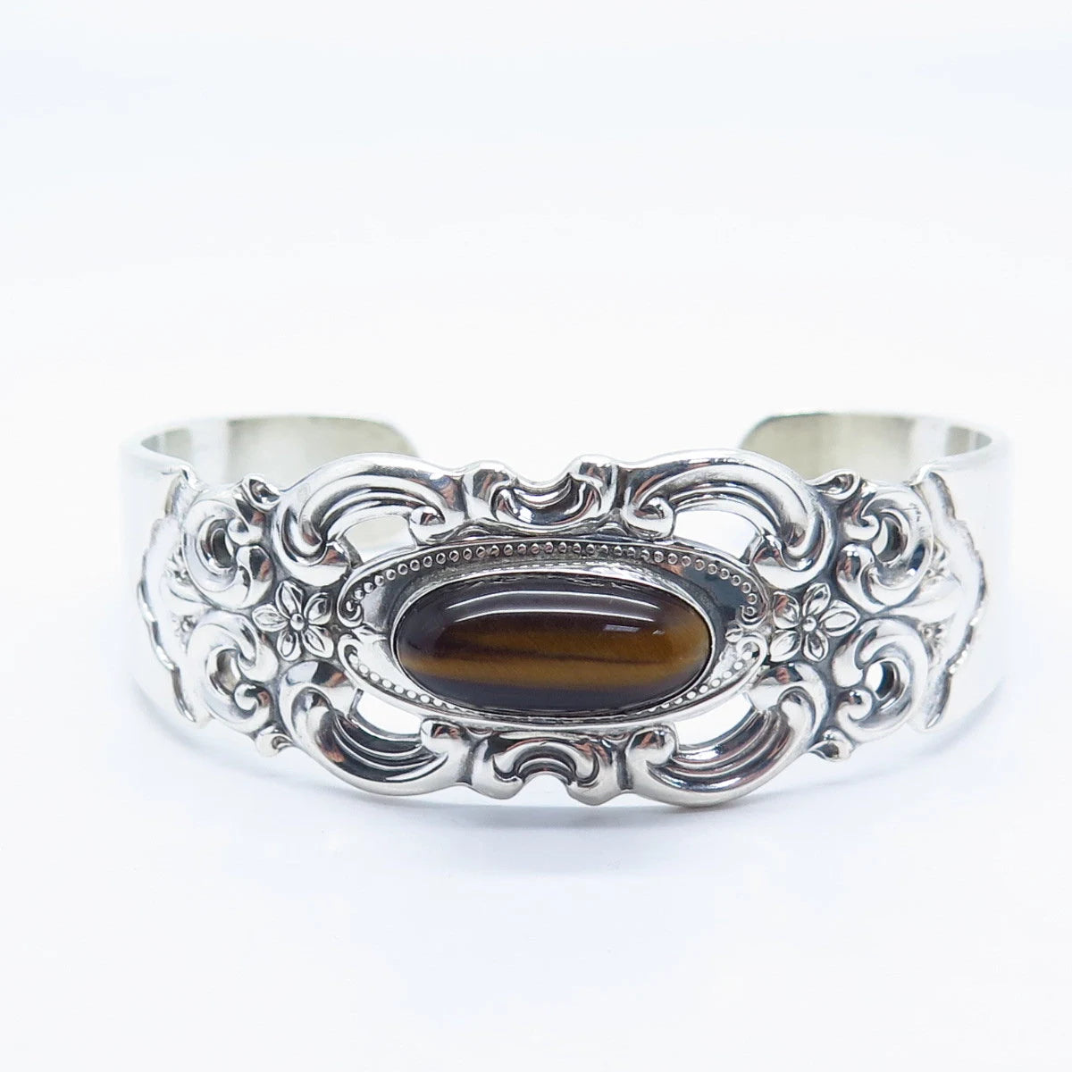 925 Sterling Silver Vintage Towle Real Tiger Eye Gem Ornate Cuff Bracelet 6.75"
