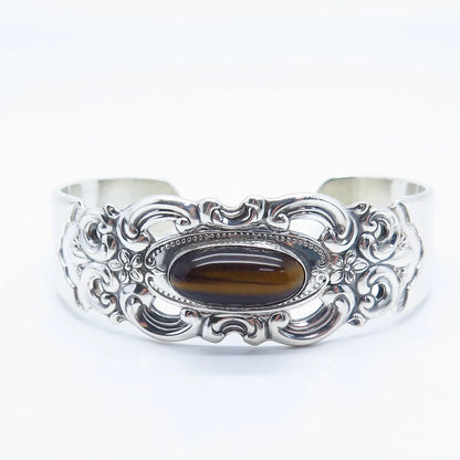 925 Sterling Silver Vintage Towle Real Tiger Eye Gem Ornate Cuff Bracelet 6.75"