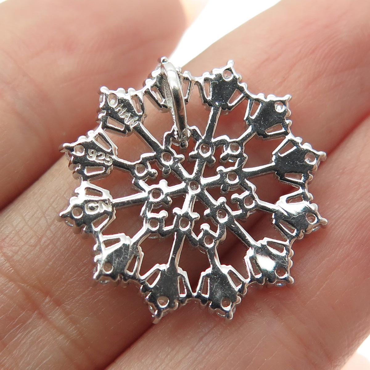 HAN 925 Sterling Silver Round Tapered Baguette-Cut Shaped C Z Snowflake Pendant