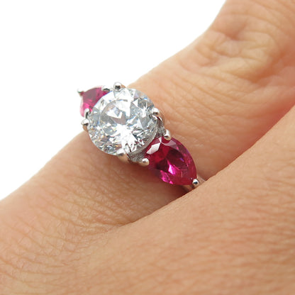 925 Sterling Silver Lab-Created Ruby & Round-Cut Shaped C Z Ring Size 5