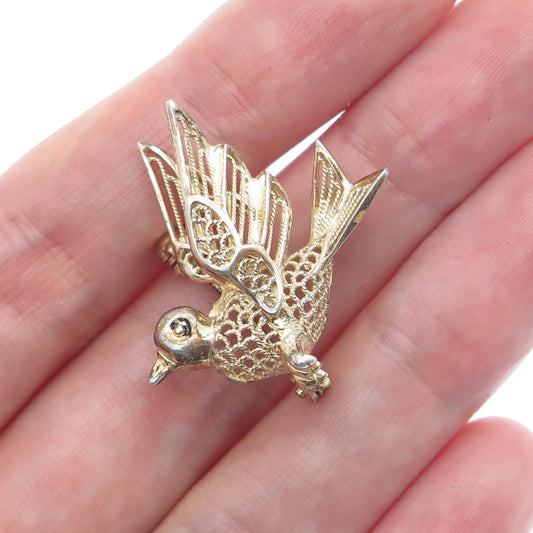 925 Sterling Silver Gold Plated Antique Art Deco Bird Minimalist Pin Brooch