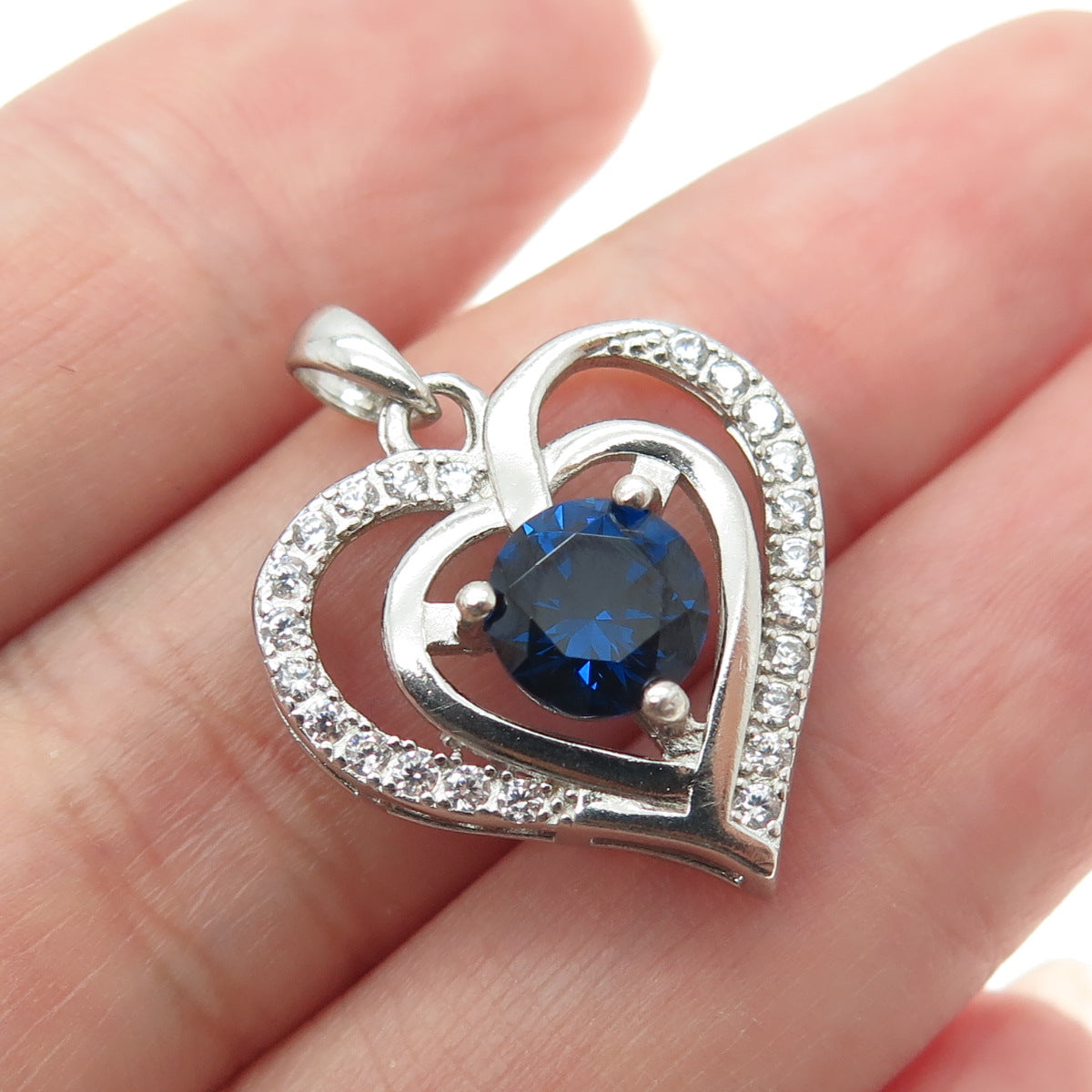 925 Sterling Silver Round-Cut Lab-Created Sapphire & C Z Heart Pendant