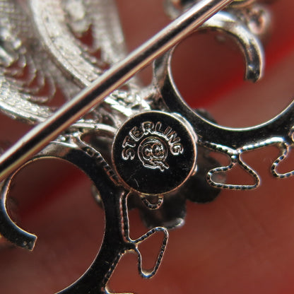 CURTIS CREATIONS Sterling Vintage Rhinestone Flower & Heart Filigree Pin Brooch