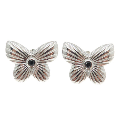 925 Sterling Silver Black C Z Butterfly Ribbed Stud Earrings