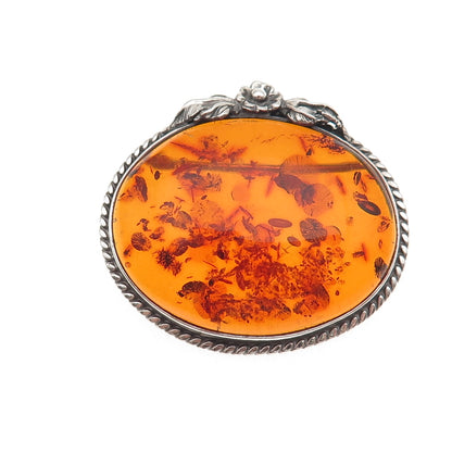 925 Sterling Silver Vintage Real Amber Floral Oxidized Pin Brooch