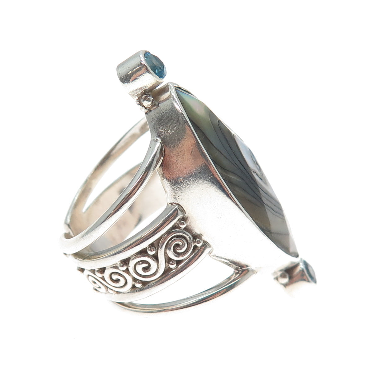 SAJEN Sterling Silver Vintage Real Abalone Shell Topaz Adjustable Ring Size 10.5