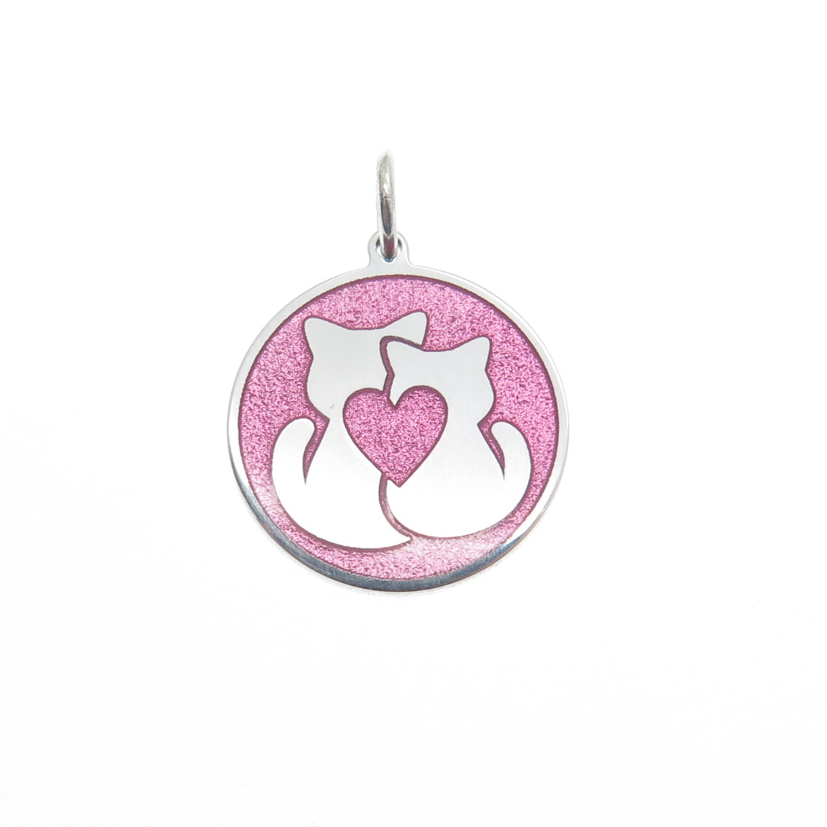 925 Sterling Silver Pink Enamel Couple of Cats Love Minimalist Charm Pendant