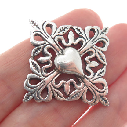 HAND & HAMMER 925 Sterling Silver Vintage Floral Heart Oxidized Pin Brooch