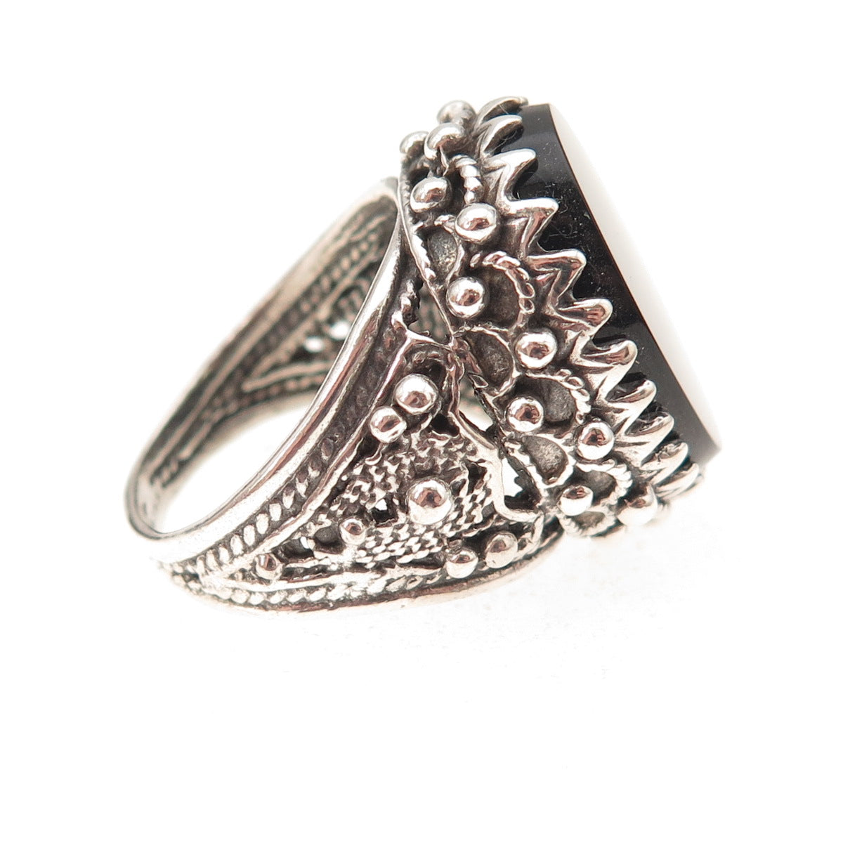 925 Sterling Silver Vintage Real Black Onyx Filigree Oxidized Ring Size 7.25