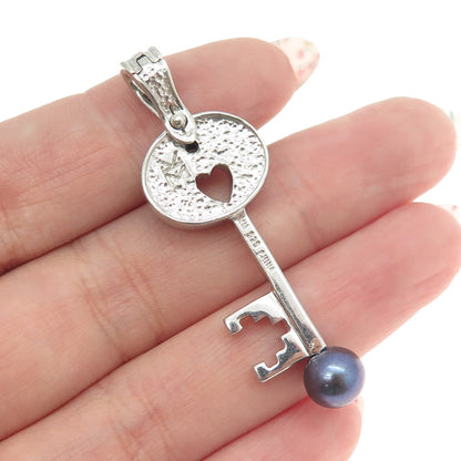 925 Sterling Silver Real White Diamond & Tahitian Pearl Key Pendant