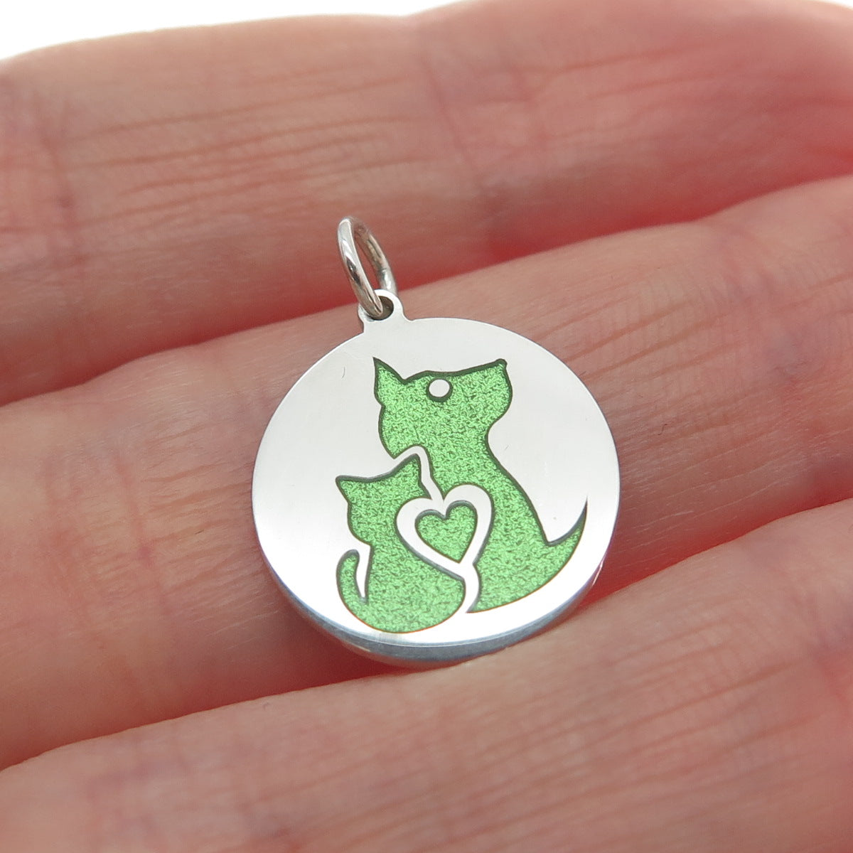 925 Sterling Silver Green Enamel Dog & Cat Friendship Minimalist Charm Pendant