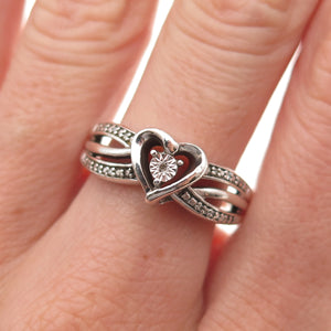 925 Sterling Silver Real Round-Cut Diamond Heart Ring Size 9