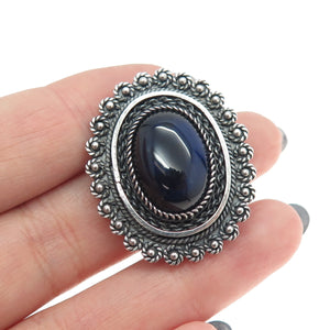 925 Sterling Silver Vintage Israel Dark Blue Glass Ethnic Pin Brooch