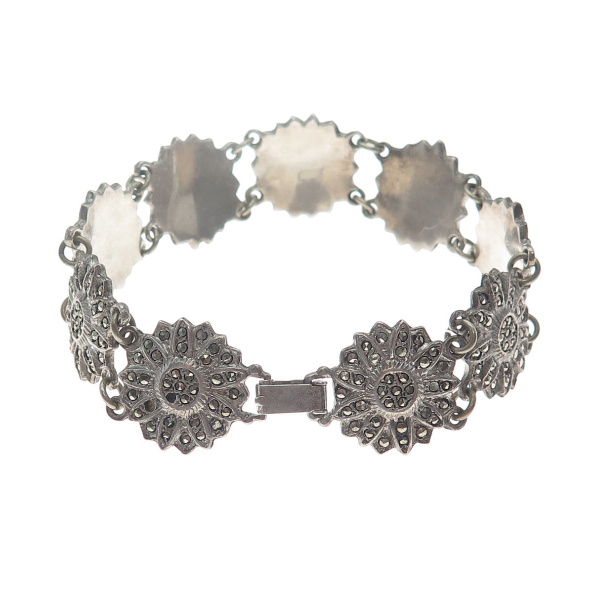 925 Sterling Silver Antique Marcasite Flower Link Bracelet 7" (missing 4 stones)