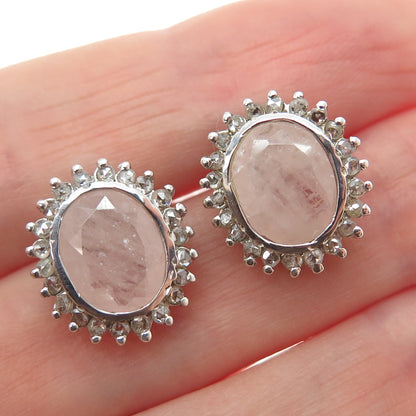 925 Sterling Silver Real Round-Cut Diamond & Oval-Cut Rose Quartz Earrings