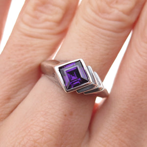 925 Sterling Silver Vintage Real Amethyst Modernist Oxidized Ring Size 7.75