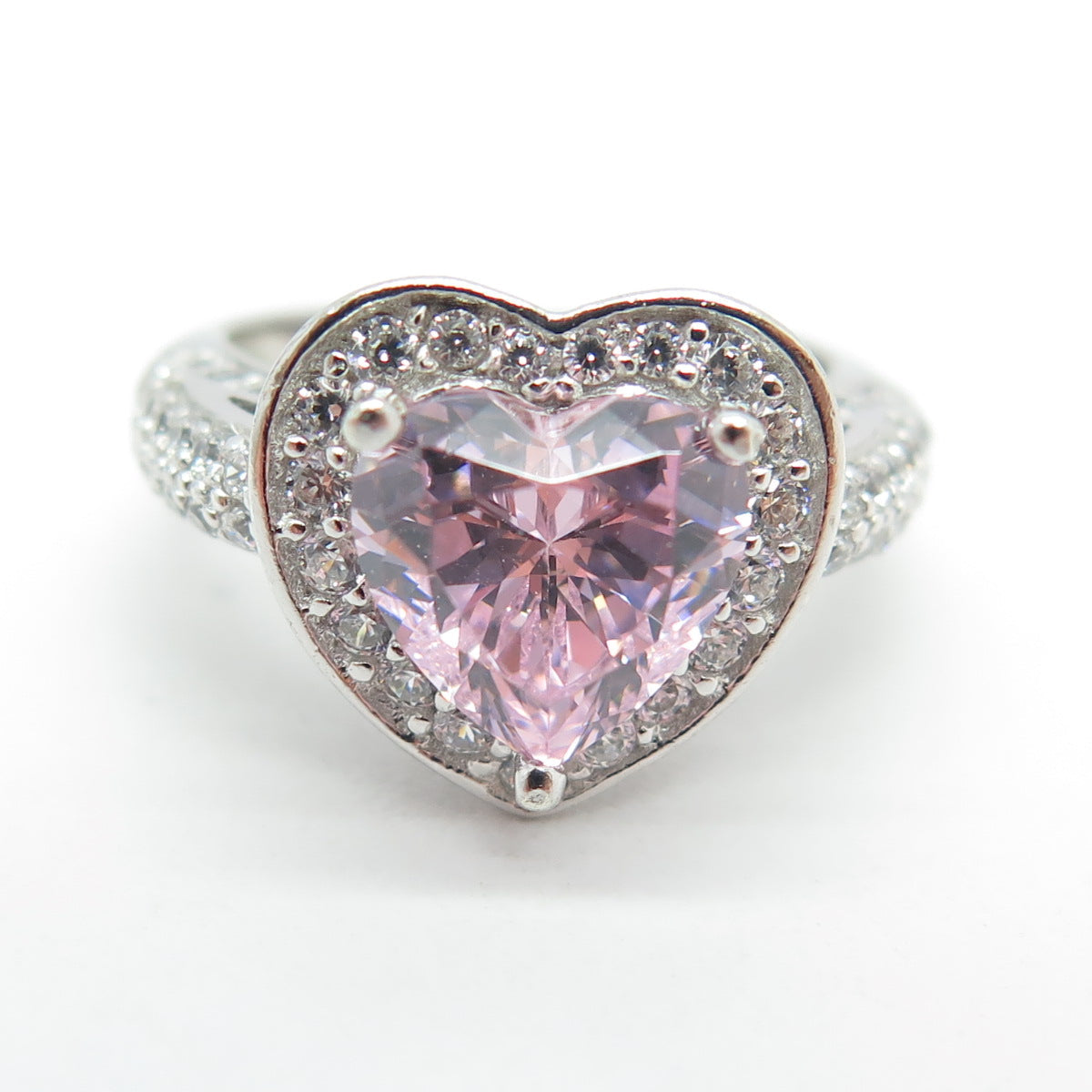 925 Sterling Silver White & Pink C Z Heart Ring Size 5.25