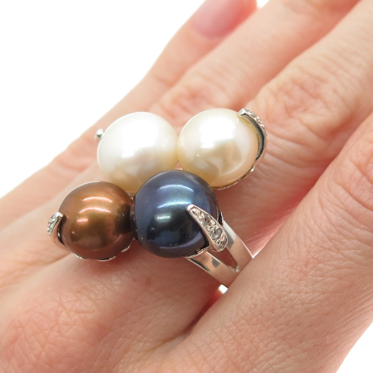 GSJ GOLD STONE 925 Sterling Silver Vintage Real Pearl White Topaz Ring Size 7.25