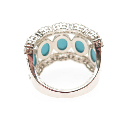 925 Sterling Silver Real Sleeping Beauty Turquoise & White Topaz Ring Size 8
