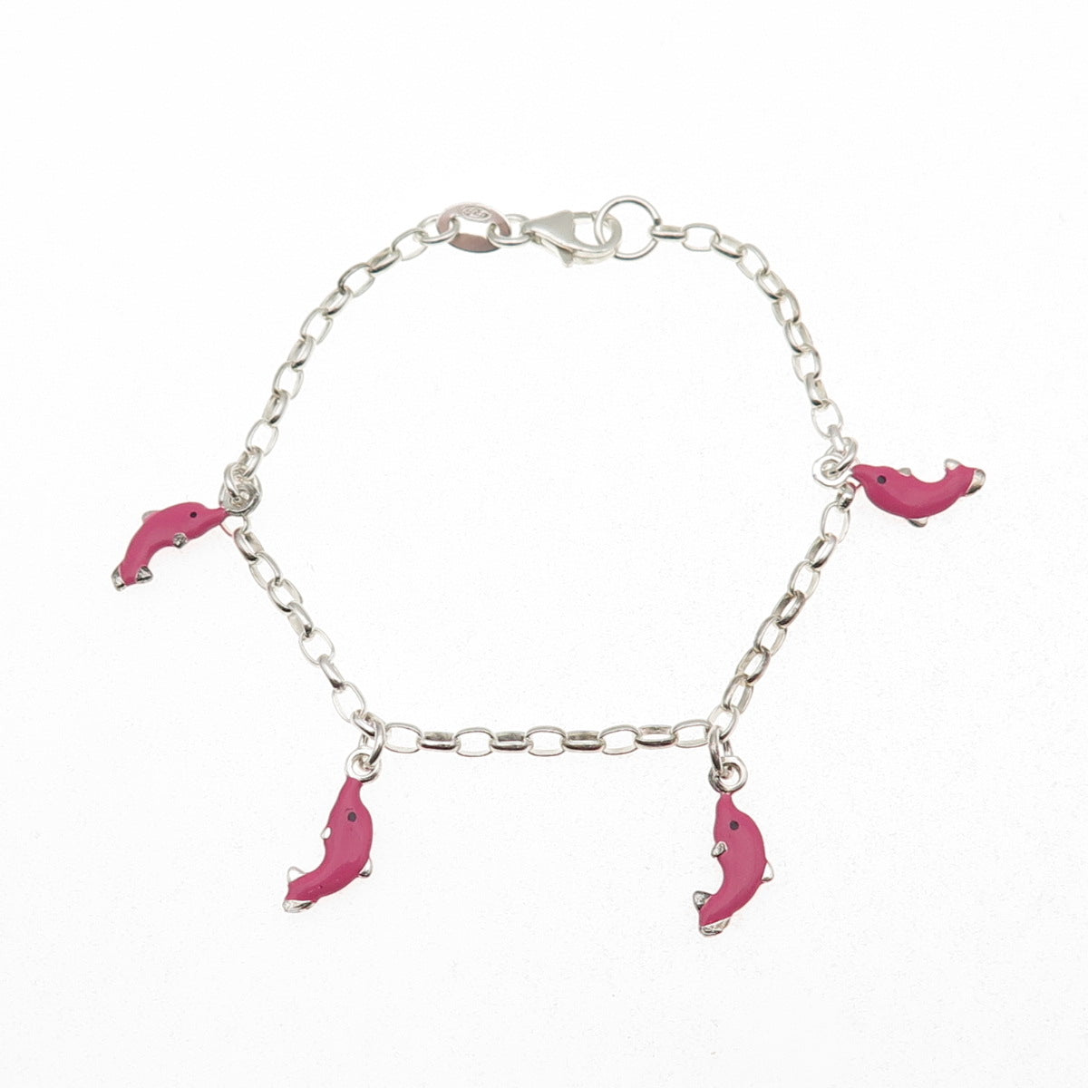 925 Sterling Silver Enamel Dolphin Dangle Charm Cable Link Bracelet 6"